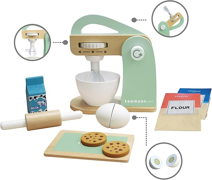 Teamson Kids Little Chef Frankfurt 10 Piece Wooden Cookie Baking Play Kitchen Mixer Accessory Set with Pretend Food and Ingredients, Green