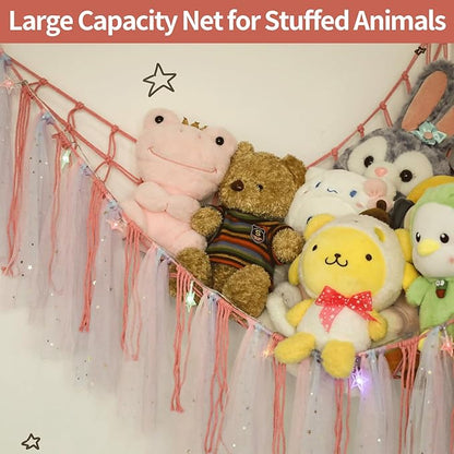Stuffed Animal Hammock with LED Lights - 59 Inch Large Toy Storage Net for Kids Bedroom, Wall-Mounted Plush Organizer with Wooden Rings, Nursery Decor (Handwoven, Dark Pink)