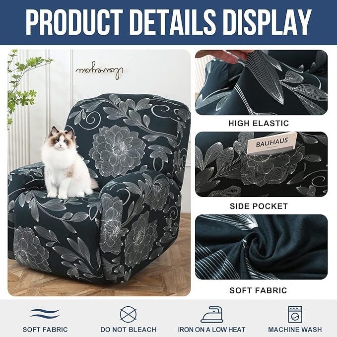 NILUOH Recliner Chair Covers 4-Pieces Stretch Lazy Boy Recliner Covers with Pocket Floral Pattern Reclining Slipcovers Soft Sofa Slipcover Furniture Protector for Pets Kids (Recliner, Pattern 02)