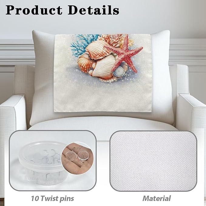 Starfish Recliner Headrest Protector Sea Shells Washable Sofa Headrest Cover Breathable Couch Headrest Covers for Home Office with 10 Twist Pins