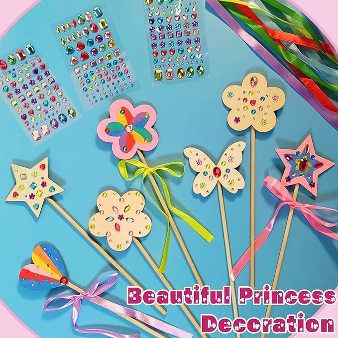 WUBOMJIO Princess Fairy Wands Craft Kit, Kid Birthday Party Supplies Make Your Own Magic Wands Include Unfinished Wooden Fairy Wands, Gem Stickers, Ribbons, Ideal for Kids 6+(14 PCS)