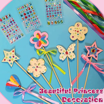 WUBOMJIO Princess Fairy Wands Craft Kit, Kid Birthday Party Supplies Make Your Own Magic Wands Include Unfinished Wooden Fairy Wands, Gem Stickers, Ribbons, Ideal for Kids 6+(14 PCS)