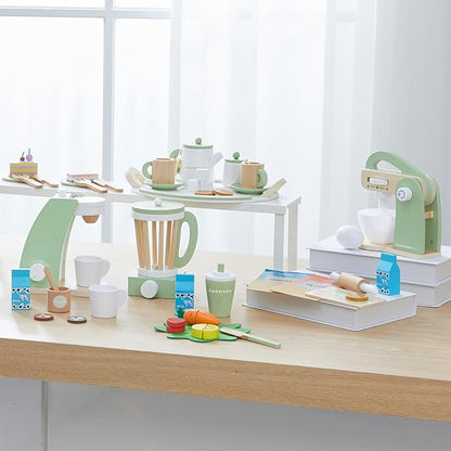 Teamson Kids Little Chef Frankfurt 10 Piece Wooden Cookie Baking Play Kitchen Mixer Accessory Set with Pretend Food and Ingredients, Green