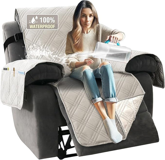 H.VERSAILTEX 100% Waterproof Recliner Slipcovers 1-Piece Lazy Boy Recliner Chair Covers Furniture Protector with Elastic Straps for Pets Kids Sitting Width Up to 23" (Recliner, French Oak/Beige)