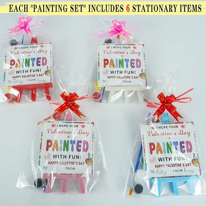 Valentines Day Gifts for Kids - Valentines Day Cards for Kids School - 20 Pack Watercolor Paint Set, Acrylic Paint Canvas Brushes Easel, Stationery Exchange for Boys Girls Class Classroom Party Favor