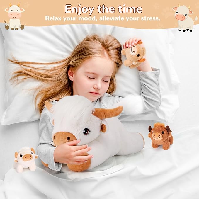 4 Pieces Highland Cow Stuffed Animals - 1 Mommy Stuffed Highland Cow with 3 Babies - White Cow Gifts for Girls Age 3-8, Cows Plush Toys for Christmas, Valentine's, Birthday Gifts (White)