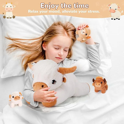 4 Pieces Highland Cow Stuffed Animals - 1 Mommy Stuffed Highland Cow with 3 Babies - White Cow Gifts for Girls Age 3-8, Cows Plush Toys for Christmas, Valentine's, Birthday Gifts (White)