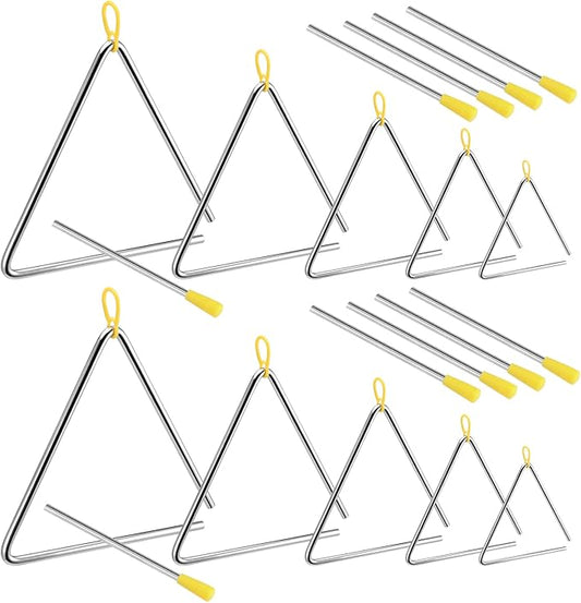 SINJEUN 10 Pack Musical Steel Triangle, 4, 5, 6, 7, 8 Inches Triangle Musical Instrument with Striker and Finger Holder, Triangle Hand Percussion Instrument for Music Learning and Teaching