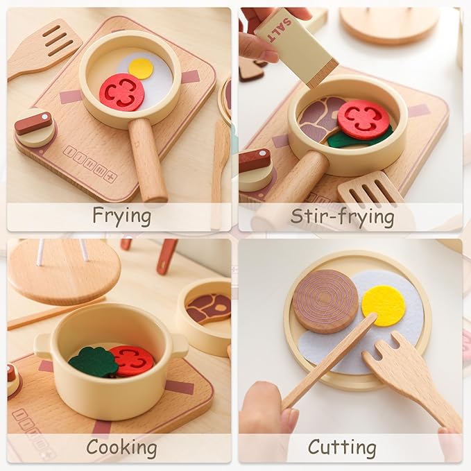 OESSUF Kitchen Set for Kids Wooden Play Kitchen Accessories Toddler Pretend Baking Cooking Playset, Cookware Utensils Learning Toys with Play Pots and Pans, Montessori Toy Gift Sets for Kids