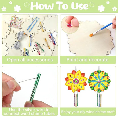 gisgfim 16 Pack Lotus Flower Wind Chime Crafts Kits for Kids Make Your Own Mandala Wind Chime Wooden DIY Arts and Crafts Decoration for Xmas Party School Classroom Decorations Supplies Birthday Favors