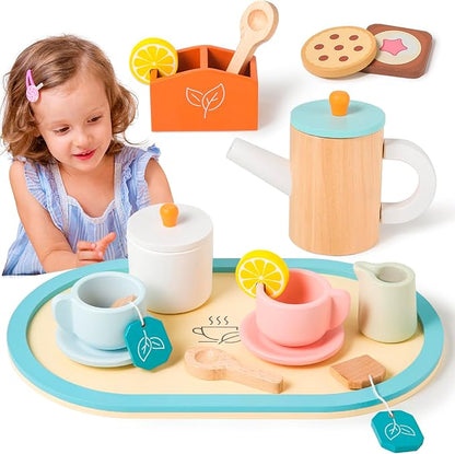 KMUYSL Toys for 2 3 4 5 Years Old, Wooden Tea Toys Pretend Toys for Little Girls, Kitchen Toy, Christmas Stocking Stuffers for Kids Age 2-4, Idea Gift for Toddlers Boys Girls