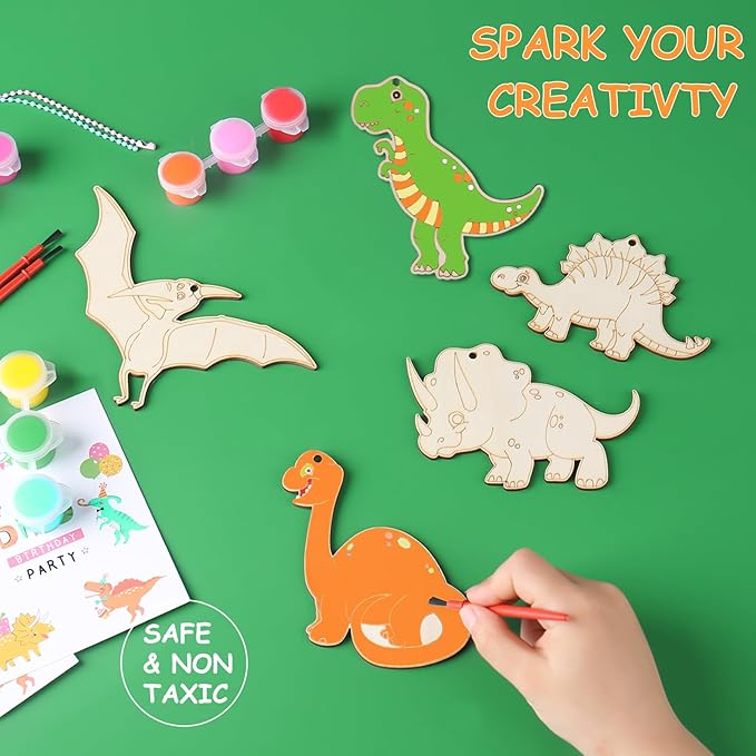 JOTIKO 24 Pack Dinosaur Party Favors Painting Toys Dino Birthday Treat Goodie Bag Stuffers Pinata Fillers Return Gifts Classroom Prizes, Wood Keychain Paint Kits Arts Crafts for Kids Girls Boys