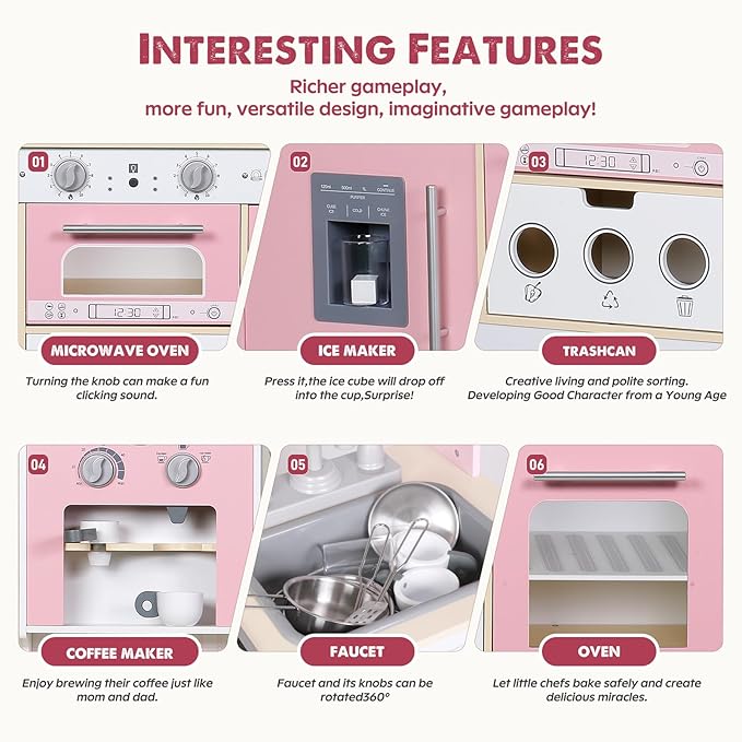 Kids Kitchen playset, Wooden Play Kitchen, Height Adjustable, Comes with Various Kitchen Accessories, Ideal Role Play Toy Gift for Toddlers and Kids Ages 3-8 (Pink)