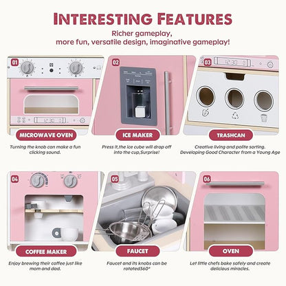 Kids Kitchen playset, Wooden Play Kitchen, Height Adjustable, Comes with Various Kitchen Accessories, Ideal Role Play Toy Gift for Toddlers and Kids Ages 3-8 (Pink)