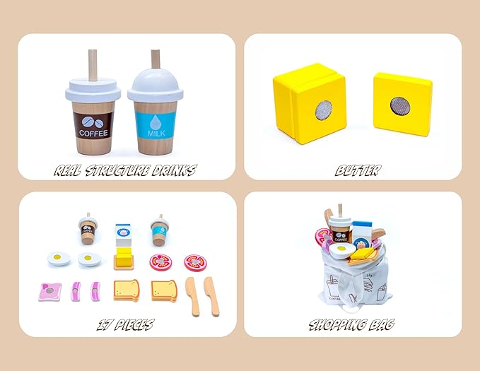 PLAZA BROTHER'S Wooden Food Playset Bakery and Picnic Toy, Kids Pretend Play Food Kitchen Accessories with Realistic Shopping Bag. Perfect for Boys and Girls 3 Years and Up