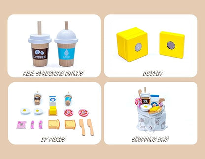 PLAZA BROTHER'S Wooden Food Playset Bakery and Picnic Toy, Kids Pretend Play Food Kitchen Accessories with Realistic Shopping Bag. Perfect for Boys and Girls 3 Years and Up