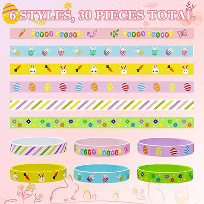 Easter Rubber Bracelets for Kids 30PCS Easter Basket Stuffers Egg Fillers Silicone Wristbands Bulk Easter Party Favors Supplies for Kids Goodie Bag Stuffers Student Gifts Classroom Prizes Accessories