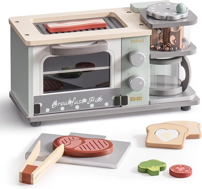 ROBUD Toddler Kitchen Playset - Wooden Breakfast Set with Coffee Maker, Toaster, Griddle, Play Food - Realistic Pretend Play Appliance and Accessories for Kids Ages 3+ Boys and Girls (Mint Green)