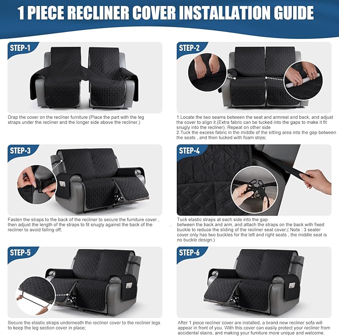 TAOCOCO 100% Waterproof Recliner Covers, Recliner Sofa Covers with Leg Straps, Reversible Recliner Couch Cover for Reclining Chair, Washable Couch Protector for Pets Kids(2 Seater, Black)