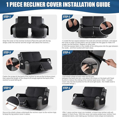 TAOCOCO 100% Waterproof Recliner Covers, Recliner Sofa Covers with Leg Straps, Reversible Recliner Couch Cover for Reclining Chair, Washable Couch Protector for Pets Kids(2 Seater, Black)