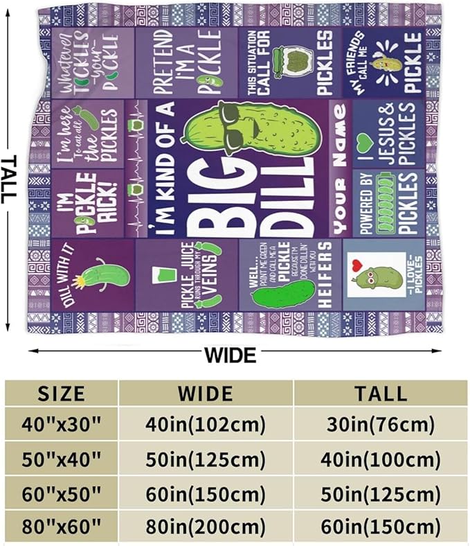 Custom Pickle Blanket with Name for Boys Girls, Personalized Cute Pickle Themed Design Printed Throw Blankets for Kids Lap, Chair Sofa, Giftable Blanket, 40"x 50"