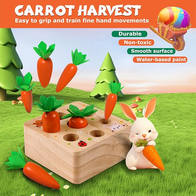 Montessori Toys for 1 Year Old, Montessori Baby Carrots Toy for 6-12 Months, Educational Wooden Carrot Harvest Game for Shape Sorting & Easter Toys, Birthday Gifts for Babies Boys Girls
