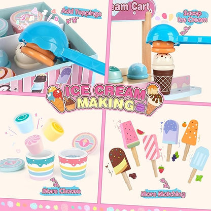Dreamon Wooden Ice Cream Toys for Kids Toddlers, 48 PCS Ice Cream Cart Play Kitchen Accessories with Menu, Pretend Money, Wooden Ice Cream Shop Play Food Sets for 3 4 5 6 Year Old Girls Boys Gifts