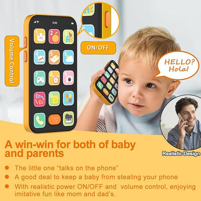 KALUYA Bilingual Baby Phone Toy Phone for Toddler 1-3, Fun Early Learning Musical Baby Toys for 6-12 Months with Sounds and Light, English/Spanish, Gift for 1 Year Old Boys Girls Kids Infant, Orange