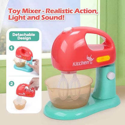 CUTE STONE Toy Kitchen Appliances Playset, Kids Kitchen Toy Mixer and Blender with Sound & Lights, Play Toaster, Cutting Play Food, Toddler Play Kitchen Accessories Set for Boys Girls