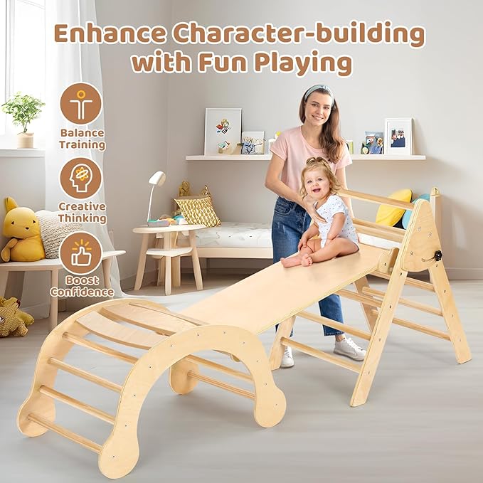 YOLEO 7-in-1 Pikler Triangle Set, Large Wooden Climbing Toys for Toddlers 1-3 Inside, Montessori Fun Toddler Climbing Toys Indoor Playground and Jungle Gyms Playset,Easy-Fold Pikler Triangle (Natural)
