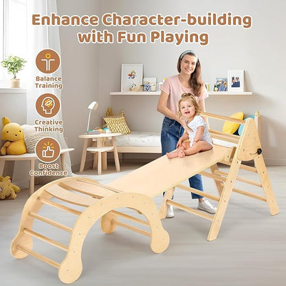 YOLEO 7-in-1 Pikler Triangle Set, Large Wooden Climbing Toys for Toddlers 1-3 Inside, Montessori Fun Toddler Climbing Toys Indoor Playground and Jungle Gyms Playset,Easy-Fold Pikler Triangle (Natural)