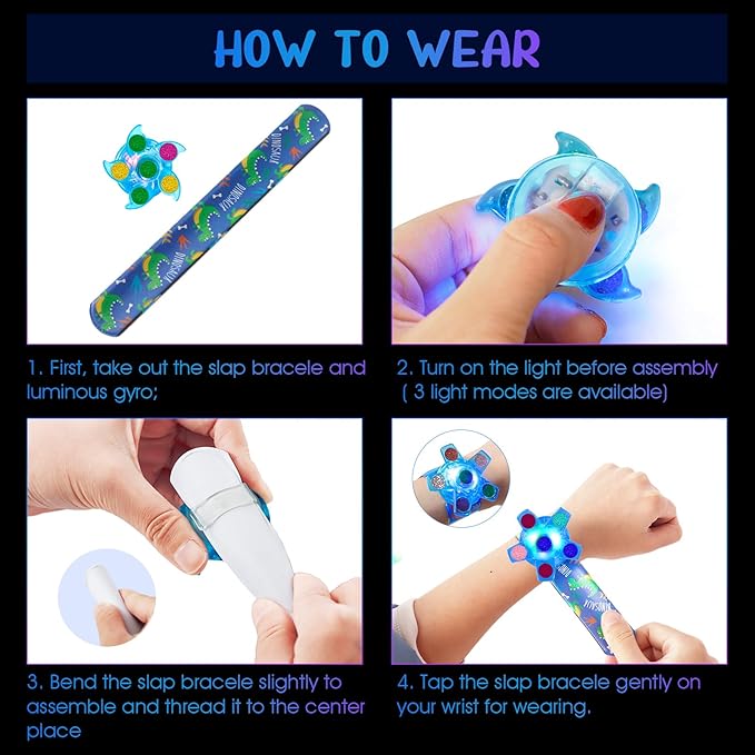SEKEAHU 25 PCS Light Up Fidget Rotating Toy + 25PCS Slap Bracelets, Dinosaur Valentines Party Favors Stocking Stuffers for Kids 4-8-12 Goodie Bag Stuffers Glow in The Dark Supplies Gifts