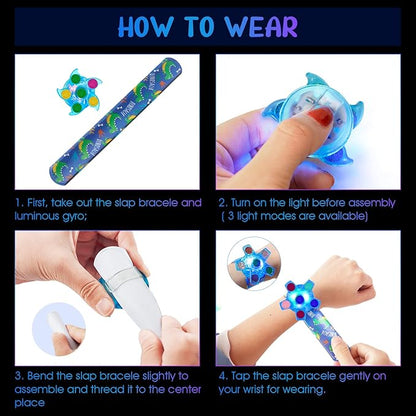 SEKEAHU 25 PCS Light Up Fidget Rotating Toy + 25PCS Slap Bracelets, Dinosaur Valentines Party Favors Stocking Stuffers for Kids 4-8-12 Goodie Bag Stuffers Glow in The Dark Supplies Gifts
