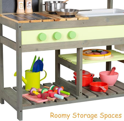 Giant bean Mud Kitchen Playset for Kids, Deluxe Wooden Toy Play Kitchen Set for Boys and Girls Ages 3-8 Indoor & Outdoor Activities, with Sand and Water Sink, Cookware Pots