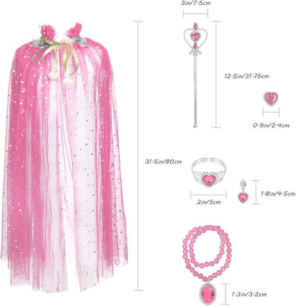 Fedio Princess Cape Set 7 Pieces Girls Princess Cloak with Tiara Crown, Wand for Little Girls Dress up (Pink)