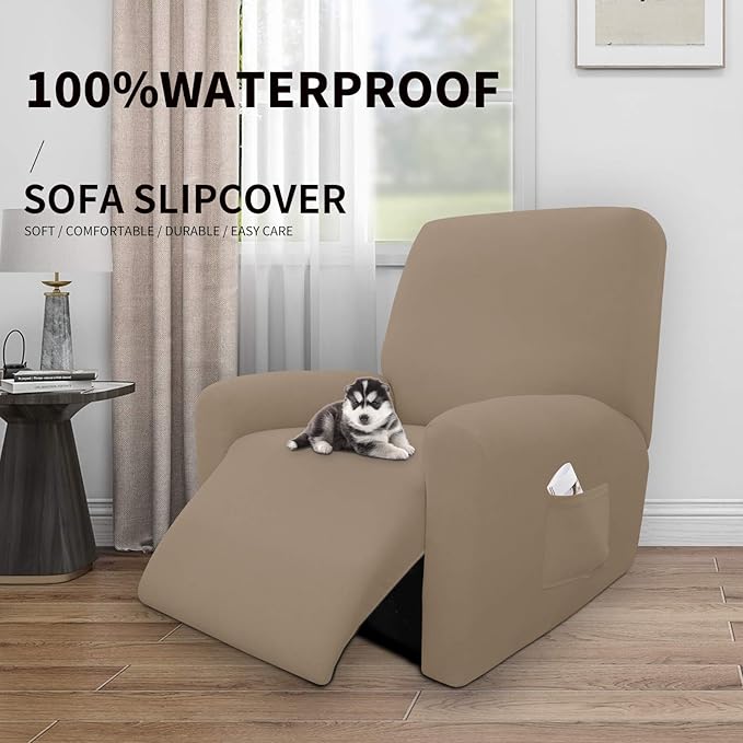 Easy-Going 100% Dual Waterproof Recliner Cover Stretch Soft Couch Cover for Dogs, Sofa Slipcover for Recliner Couch Leakproof Furniture Protector for Kids, Pets Camel