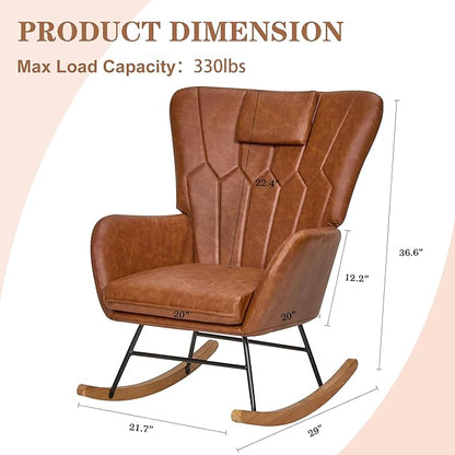 VECELO Rocking Chair Nursery with Thick Headrest, Modern PU Upholstered Reading Glider Rocker Accent Armchair with High Backrest, Padded Seat, Side Pocket, for LivingRoom, Bedroom, Baby Room, Brown
