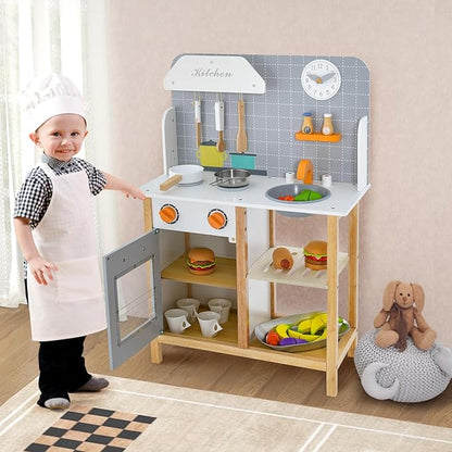 HONEY JOY Kids Kitchen Playset, Toddler Wooden Play Kitchen Set w/Sink, Stove & Oven, Cooking Accessories, Large Storage Cabinet, Little Chef Pretend Play Toy Kitchen Set, Gift for Boys Girls, Gray