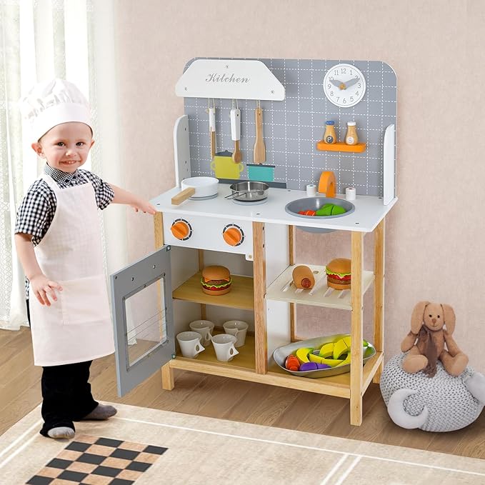 HONEY JOY Kids Kitchen Playset, Toddler Wooden Play Kitchen Set w/Sink, Stove & Oven, Cooking Accessories, Large Storage Cabinet, Little Chef Pretend Play Toy Kitchen Set, Gift for Boys Girls, Gray