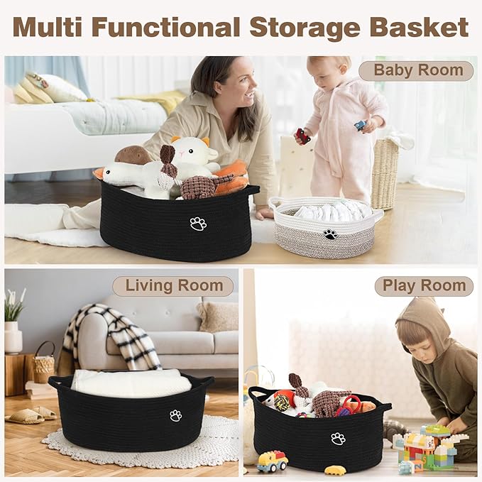 Optish Dog Toy Basket, Toy Box and Bin for Dog Cat Storage, 19.7" X 11" X 7.9" (30L) Large Woven Rope Basket for Blanket Storage, Living Room, Bedroom, Bedroom, Black
