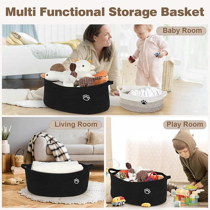 Optish Dog Toy Basket, Toy Box and Bin for Dog Cat Storage, 19.7" X 11" X 7.9" (30L) Large Woven Rope Basket for Blanket Storage, Living Room, Bedroom, Bedroom, Black