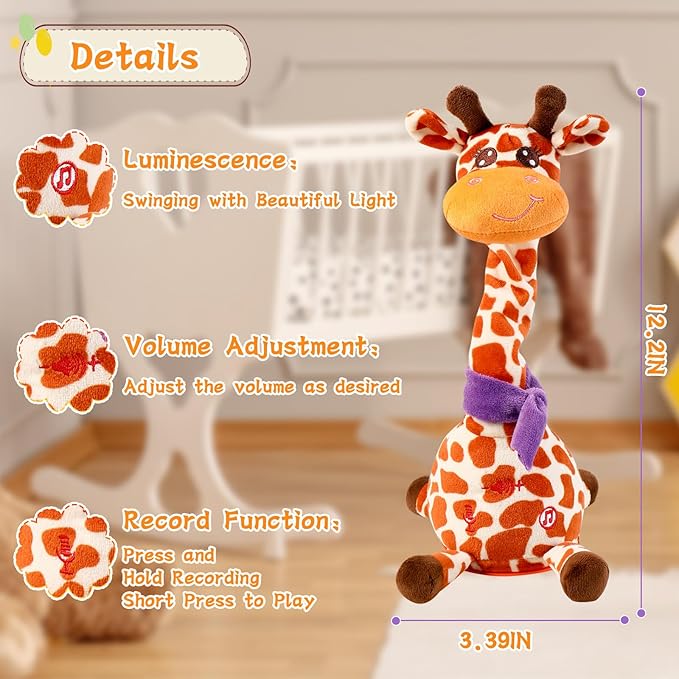 Dancing Talking Giraffe Toy, Stuffed Animal Baby Toy Repeating What You Say, Glowing Musical Electronic Giraffe Gifts for Toddlers 1-3 Years Old, Easter Gift for Kids (New Giraffe)