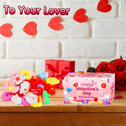 Valentines Day Gifts for Kids - 30 Pack Valentines Mochi Squishy Toys, Mini Kawaii Squishies Fidget Toys Prizes for Kids School Classroom Party Favors and Valentines Day Decor