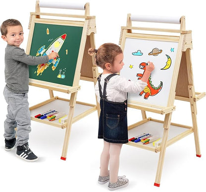Kids Easel Wooden Art Easel Adjustable Standing Easel Double-Sided Drawing Easel with Paper Roll Chalkboard & Whiteboard for Kids Toddlers Birthday Holiday Gifts.