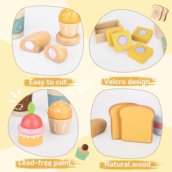 Play Food Sets for Kids Kitchen Wooden Bakery Play Food for Toddlers Pretend Play Toys for Toddlers 3-5 Play Kitchen Accessories for Toddlers Kids Kitchen Playset