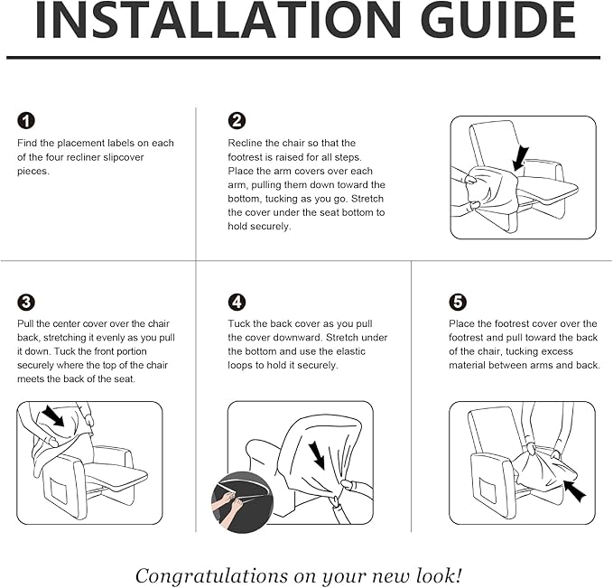 Recliner Chair Covers Leather Look Recliner Cover 4-Piece Slipcovers for Small Reclining Chair Furniture Protector for Kids Dogs Pets Spandex Fabric Washable (1 Small Seater, 02 Black)