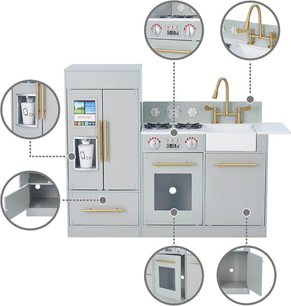 Teamson Kids Little Chef Charlotte Modern Modular Interactive Wooden Play Kitchen with Refrigerator, Stove and Sink in Gray with Gold Accents