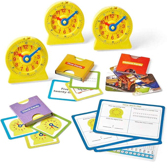 hand2mind Telling Time Basics Center Kit, NumberLine Learn to Tell Time Activity Set, Telling Time Teaching Clock Activities, Analog Classroom Clock for Kids, Math Manipulatives for Elementary School