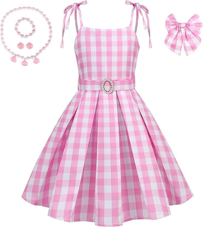 Girls Pink Plaid Costume Strap - Kid Dress Movie Cosplay Outfits Halloween Gingham Birthday Costumes