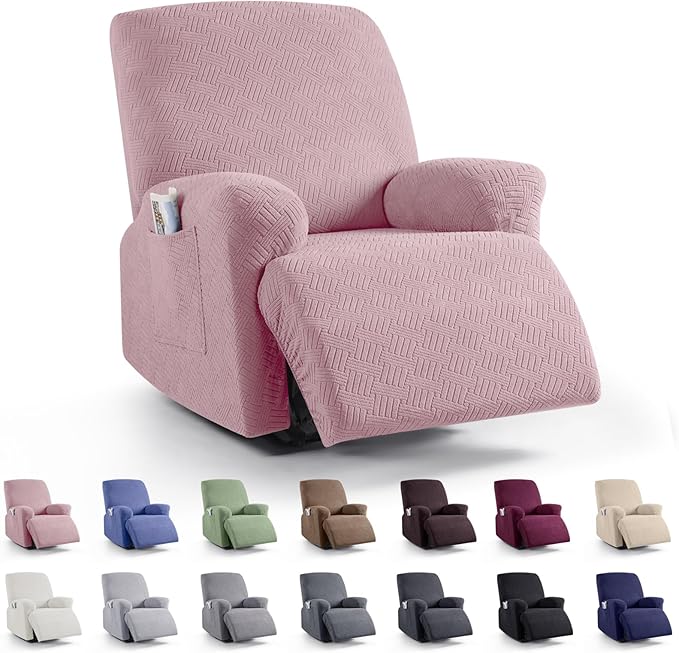 KinCam Recliner Covers, Stretch Reclining Chair Covers, Recliner Sofa Slipcovers Stripe Jacquard Recliner Couch Covers Furniture Protector Covers for Pet Kid (1 Seater, Pink)